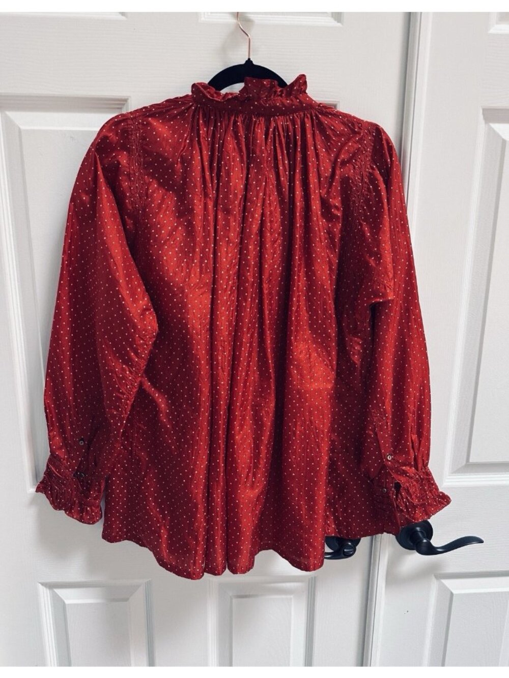 INJIRI FW22-82 Ladies Silk Blouse Red Small Hand Woven Oversized Boho Tunic NWT - Picture 5 of 14